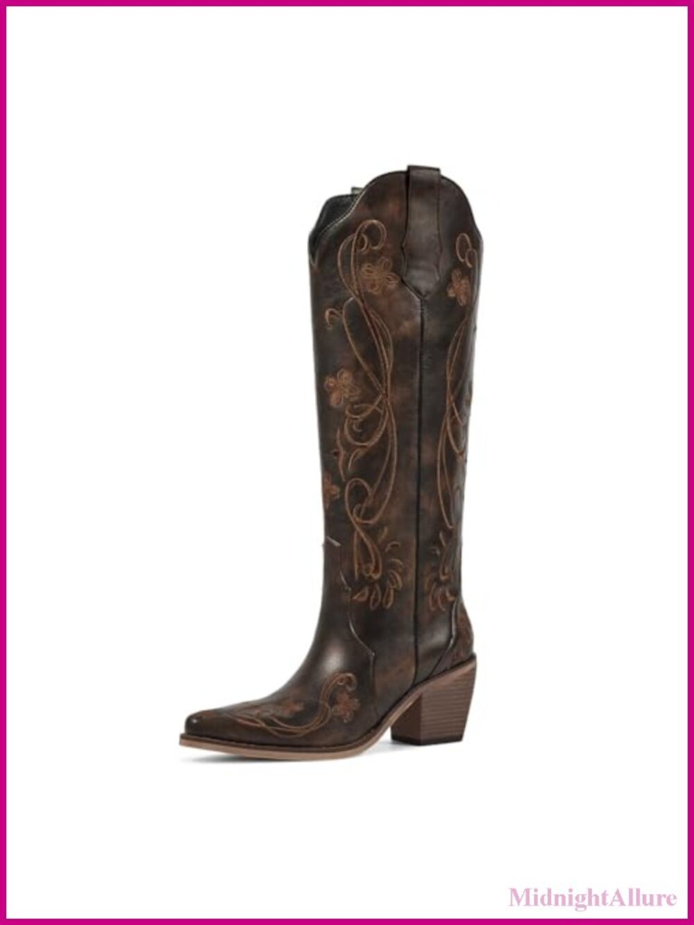 Knee High Cowboy Boots Women Faux Leather Floral Embroidery Pointed Toe Block
